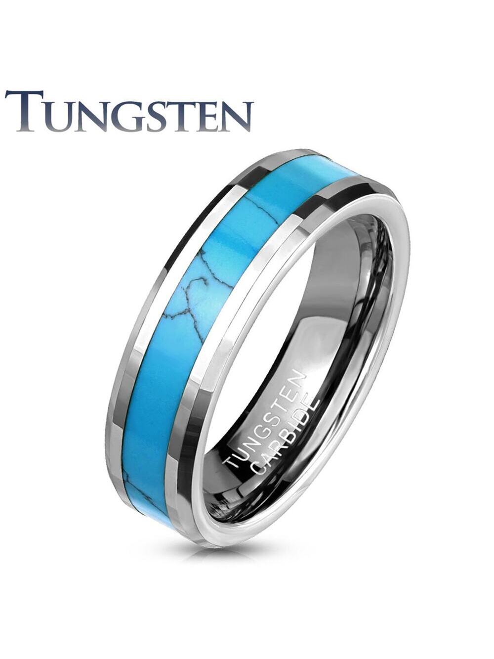 Turquoise Inlay Center Beveled Edges Tungsten Carbide Ring 6mm width size 7